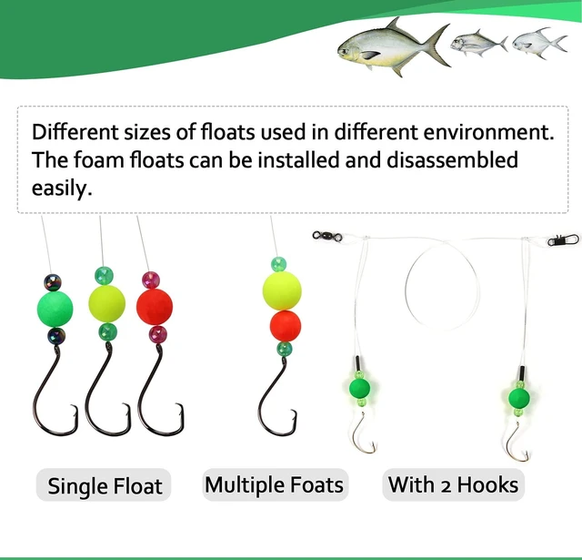 Alt view image 2 of 6 - Dovesun 220/104/80/60/54/52/42pcs Pompano Rig Foam Floats for Surf Fishing, Bright Color Kit, Round/Cylindrical/Heart/Bullet/Pill/Spin Shapes