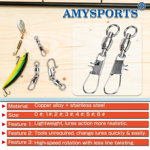Alt view image 4 of 6 - AMYSPORTS Fishing Swivels with Interlock Snap Ball Bearing, Saltwater Freshwater Fishing Tackle, Leader, Lure, Jigs, Line Connector
