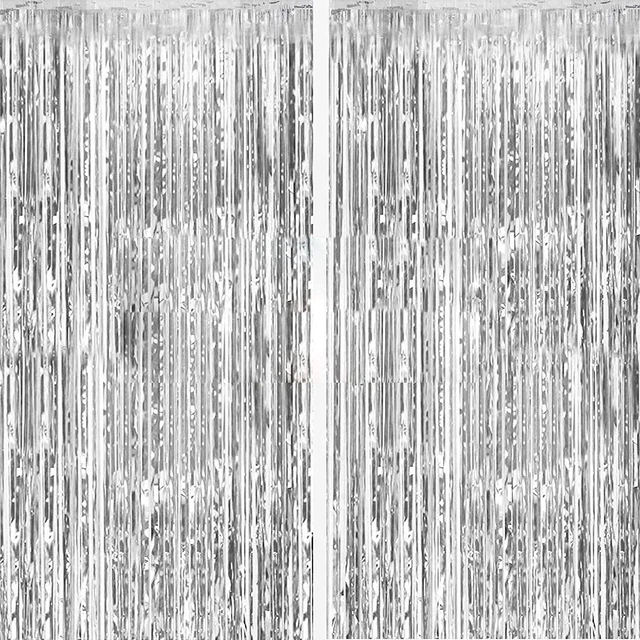 Main image of 2 Pack Silver Foil Curtain Party Streamers with Metallic Tinsel Fringe Photo Booth Backdrop for Birthday Wedding Engagement Baby Shower Bachelorette Christmas Holiday Cel