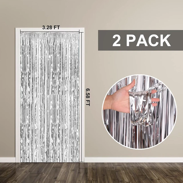 Alt view image 6 of 7 - 2 Pack Silver Foil Curtain Party Streamers with Metallic Tinsel Fringe Photo Booth Backdrop for Birthday Wedding Engagement Baby Shower Bachelorette Christmas Holiday Cel