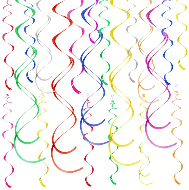 Main image of Colorful Ceiling Swirl Foil Decorations Hanging Plastic Streamers, Themed Party Decoration for Weddings, Thanksgiving, Graduation Celebrations, Pack of 28