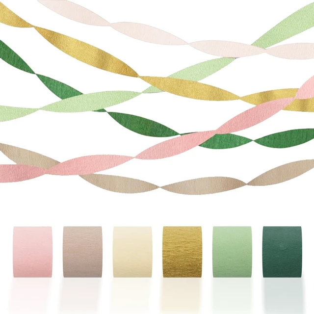 Main image of 6 Rolls Crepe Paper Streamers - Grass Green, Gold, Pink, Olive Green, Beige, Khaki, Party Decorations for Birthday Wedding
