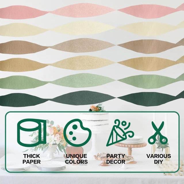 Alt view image 6 of 6 - 6 Rolls Crepe Paper Streamers - Grass Green, Gold, Pink, Olive Green, Beige, Khaki, Party Decorations for Birthday Wedding