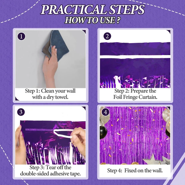 Alt view image 6 of 6 - DECOCKRAT 3 Pack Foil Fringe Backdrop Purple Shiny Tinsel Curtains 3.3x8.2 FT Metallic Foil Backdrop for Party Photo Booth Birthday Wedding Graduation Christmas