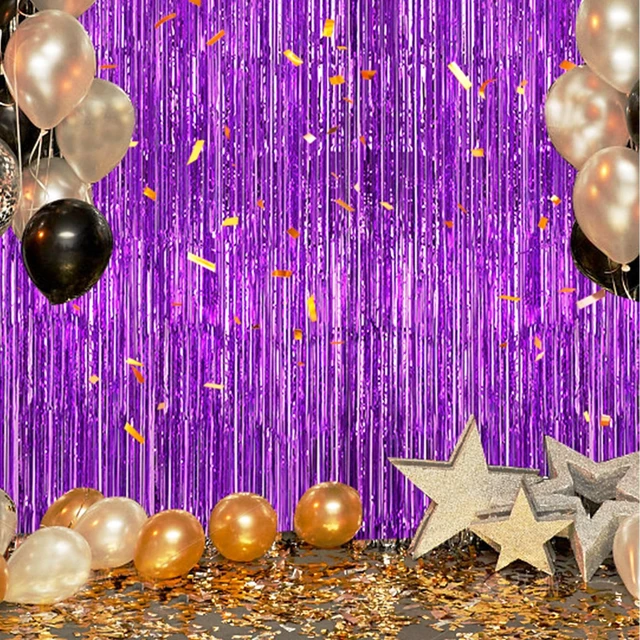 Alt view image 4 of 6 - DECOCKRAT 3 Pack Foil Fringe Backdrop Purple Shiny Tinsel Curtains 3.3x8.2 FT Metallic Foil Backdrop for Party Photo Booth Birthday Wedding Graduation Christmas