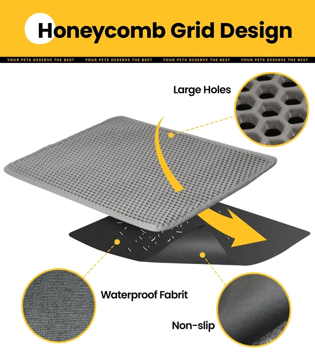 Alt view image 3 of 6 - Conlun Cat Litter Trapping Mat 23.6"x14.6" Space-Saving, Hexagon Grids & Anti-Leak Base, Machine Washable, Non-Slip for Apartment, Gray