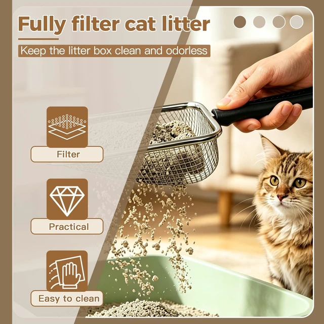 Alt view image 5 of 6 - Long Handle Cat Litter Scoop, Rustproof Stainless Steel Mesh, Non-Slip Grip, Deep Shovel Sifter for All Litter Types, Easy Clean, Black