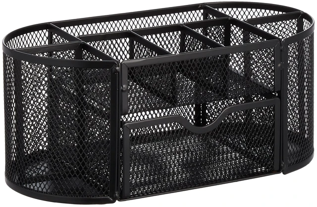 Main image of Amazon Basics Mesh Desk Organizer with Pen Holder, Pullout Drawer and Office Caddy Storage, 9.25" x 4.53" x 3.94", Black