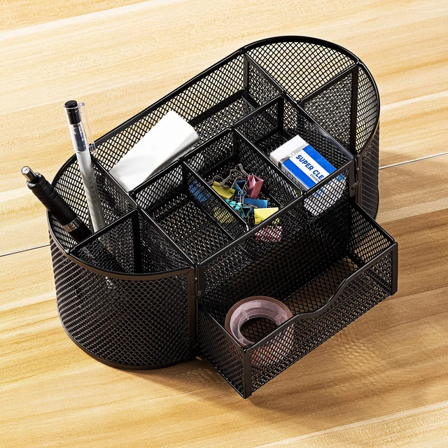 Alt view image 3 of 6 - Amazon Basics Mesh Desk Organizer with Pen Holder, Pullout Drawer and Office Caddy Storage, 9.25" x 4.53" x 3.94", Black