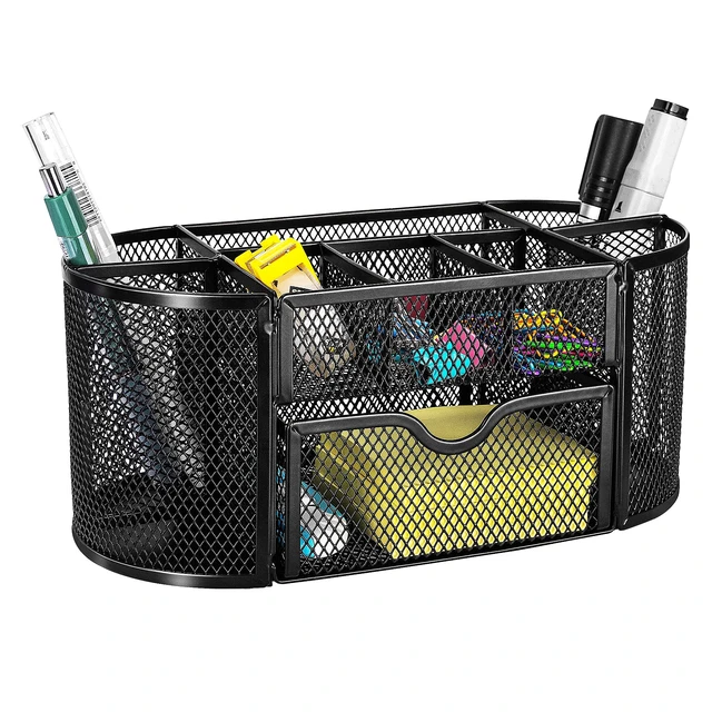 Alt view image 2 of 6 - Amazon Basics Mesh Desk Organizer with Pen Holder, Pullout Drawer and Office Caddy Storage, 9.25" x 4.53" x 3.94", Black