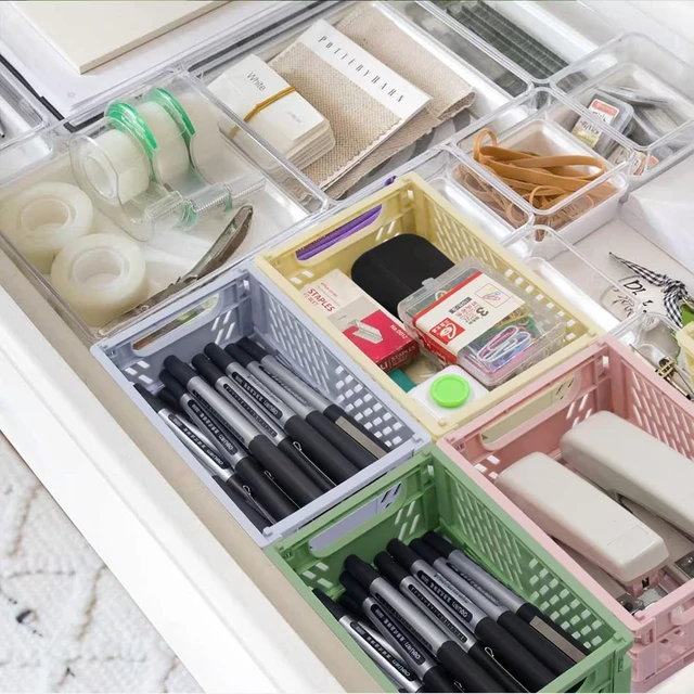 Alt view image 5 of 6 - 4 Pack Mini Foldable Plastic Storage Baskets (5.9x3.9x2.2in) for Home Bedroom Office Classroom Drawer Organizers