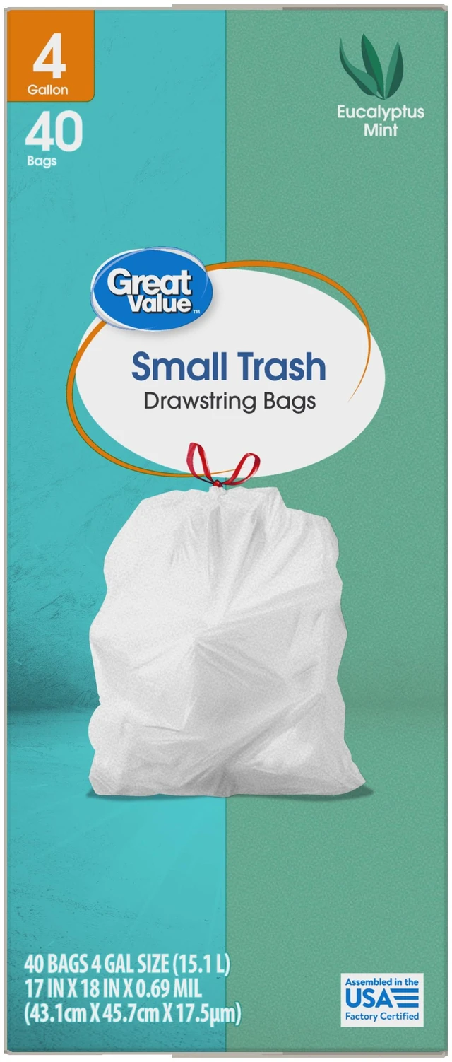 Alt view image 4 of 6 - Great Value 4-Gallon Small Drawstring Trash Bags, Eucalyptus Mint Scent, 40 Bags