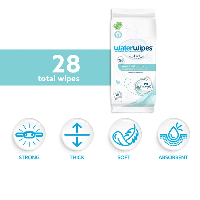 Alt view image 3 of 6 - WaterWipes Sensitive On The Go Wipes, 99.9% Water, Unscented & Hypoallergenic, 28 Wipes