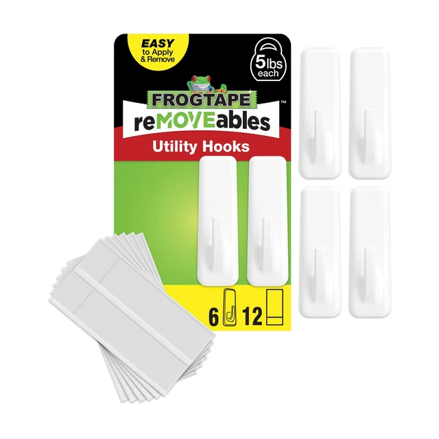 Main image of FrogTape reMOVEables Large White Utility Hooks, 6 Hooks and 12 Adhesive Strips