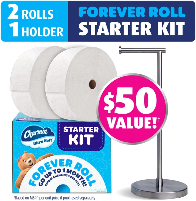 Main image of Charmin Ultra Soft Forever Roll Starter Kit Toilet Paper, 2-Ply, 2 Rolls, 1 Holder