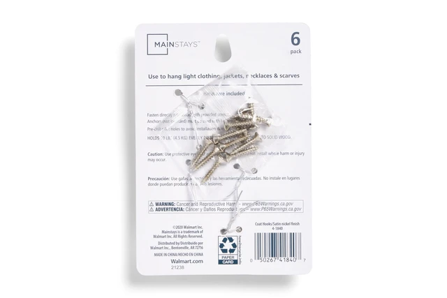 Alt view image 5 of 5 - Mainstays Satin Nickel Metal Clutter-Free Hooks for Towels and Coats, 10 lbs Capacity, 6 Pack