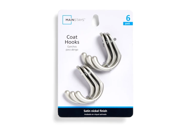 Alt view image 4 of 5 - Mainstays Satin Nickel Metal Clutter-Free Hooks for Towels and Coats, 10 lbs Capacity, 6 Pack