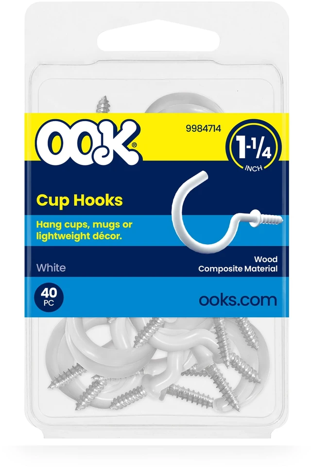 Main image of Ook Cup Hooks 1-1/4" 1 Lbs 40 Pack Steel White Vinyl Screw Hooks