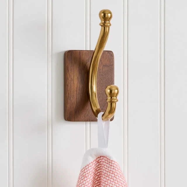Alt view image 3 of 7 - Better Homes & Gardens Modern Heirloom Single Wall Hook, Walnut Wood/Heritage Gold Finish