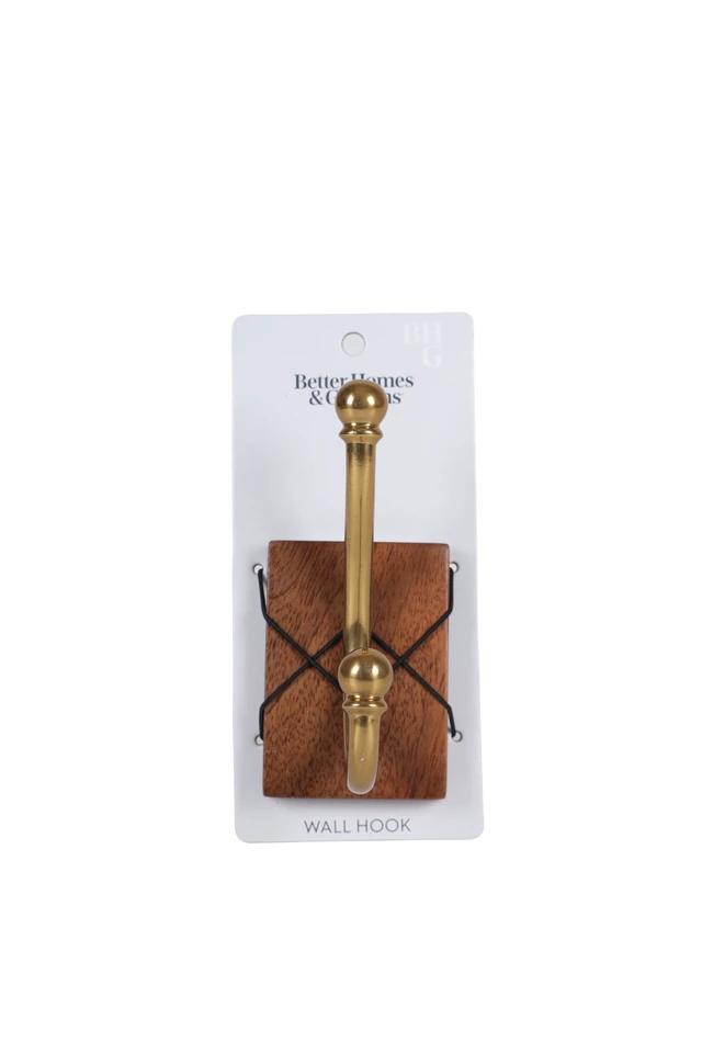 Alt view image 4 of 7 - Better Homes & Gardens Modern Heirloom Single Wall Hook, Walnut Wood/Heritage Gold Finish
