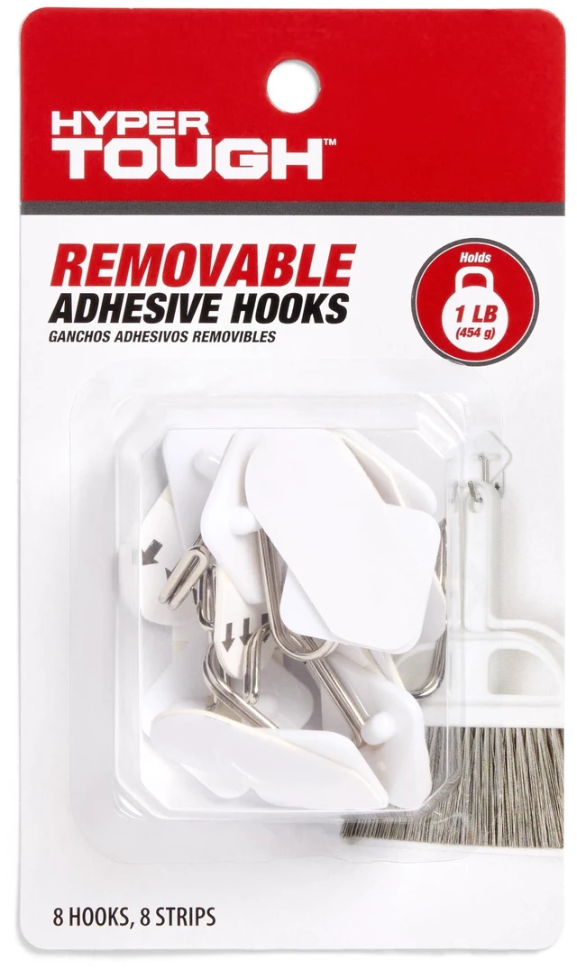 Main image of Hyper Tough Removable Hinged Adhesive Hooks, White, 8 Piece, 1lb Capacity