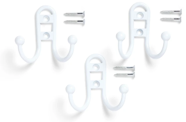 Main image of Mainstays Double Hook White Metal Hooks for Hanging Towels and Coats, 10 lbs Capacity, 3 Pack