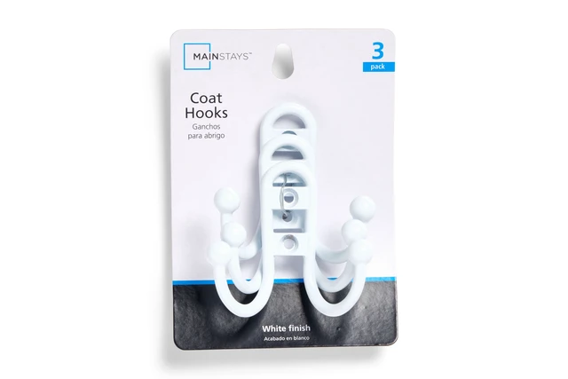 Alt view image 4 of 5 - Mainstays Double Hook White Metal Hooks for Hanging Towels and Coats, 10 lbs Capacity, 3 Pack