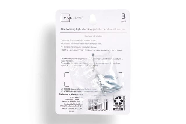 Alt view image 3 of 5 - Mainstays Double Hook White Metal Hooks for Hanging Towels and Coats, 10 lbs Capacity, 3 Pack
