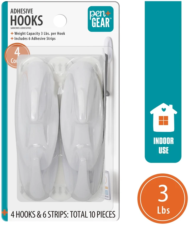 Main image of Pen+Gear Plastic Adhesive Medium Wall Hooks, Damage-Free, White, 4 Count