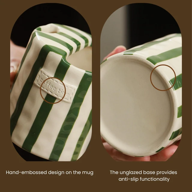 Alt view image 2 of 6 - 10oz Ceramic Porcelain Hand-Painted Striped Art Coffee Mug & Espresso Cup, Multi-Use for Kitchen and Dining, Green