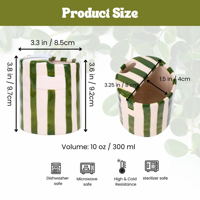 Alt view image 3 of 6 - 10oz Ceramic Porcelain Hand-Painted Striped Art Coffee Mug & Espresso Cup, Multi-Use for Kitchen and Dining, Green