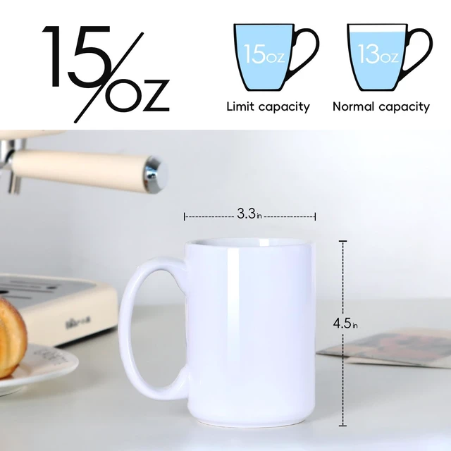Alt view image 4 of 6 - 15 OZ Ceramic Coffee Mug, White, Classic Blank with Large Handle for Tea Latte Cappuccino