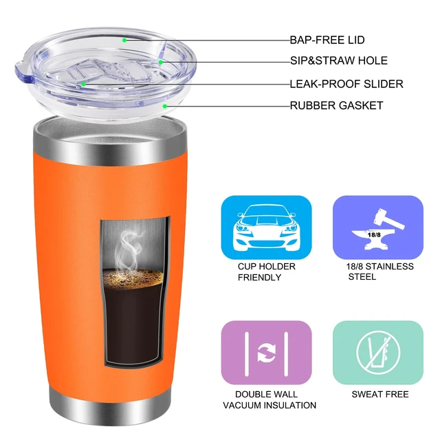 Alt view image 3 of 6 - VEGOND 20oz Vacuum Insulated Stainless Steel Tumbler with Lid and Straw, Double Wall, Powder Coated, Travel Coffee Mug, Orange, 1 Pack