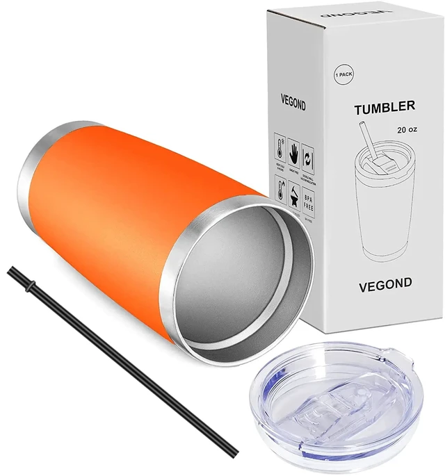 Alt view image 6 of 6 - VEGOND 20oz Vacuum Insulated Stainless Steel Tumbler with Lid and Straw, Double Wall, Powder Coated, Travel Coffee Mug, Orange, 1 Pack