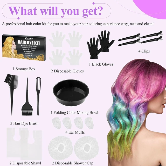 Alt view image 2 of 7 - 19-Piece Hair Dye Kit with Hair Dye Brush, Collapsible Bowl, Clips, Ear Muffs, Disposable Gloves, Scarf, Shower Cap
