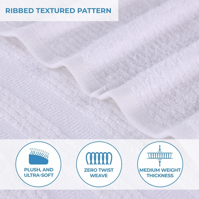 Alt view image 3 of 5 - Zero Twist Cotton Ribbed Geometric Hand Towel Set of 6, Ultra Soft Quick Dry, White