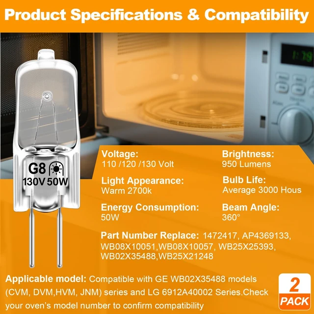 Alt view image 6 of 6 - Podoy 130V 50W G8 Microwave Bulbs WB08X10051 WB08X10057, 2 Pack