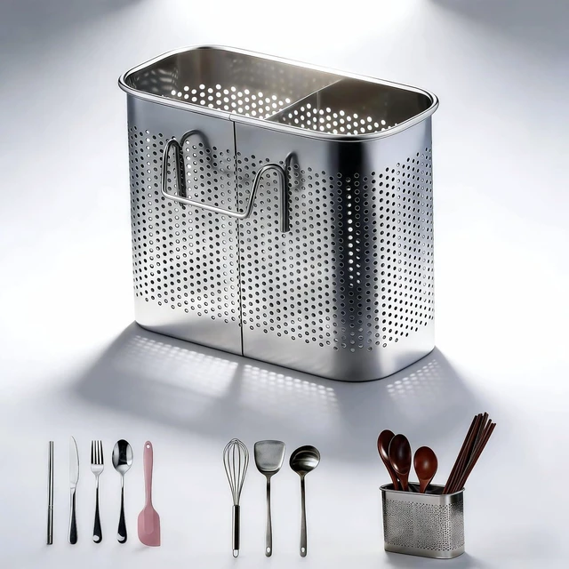 Main image of 2-Tier Stainless Steel 304 Kitchen Utensil Holder with Hooks, Rustproof Heavy Duty Dish Drainer for Kitchen Sink Countertop, 5.51x4.33x2.76 Inches