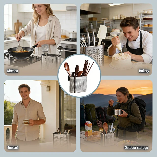 Alt view image 3 of 6 - 2-Tier Stainless Steel 304 Kitchen Utensil Holder with Hooks, Rustproof Heavy Duty Dish Drainer for Kitchen Sink Countertop, 5.51x4.33x2.76 Inches