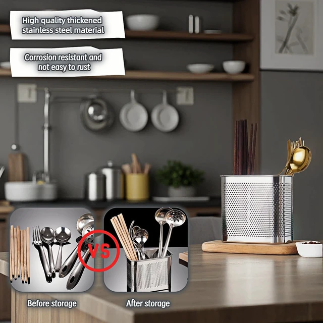 Alt view image 6 of 6 - 2-Tier Stainless Steel 304 Kitchen Utensil Holder with Hooks, Rustproof Heavy Duty Dish Drainer for Kitchen Sink Countertop, 5.51x4.33x2.76 Inches