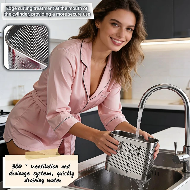 Alt view image 4 of 6 - 2-Tier Stainless Steel 304 Kitchen Utensil Holder with Hooks, Rustproof Heavy Duty Dish Drainer for Kitchen Sink Countertop, 5.51x4.33x2.76 Inches
