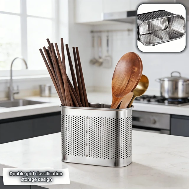 Alt view image 5 of 6 - 2-Tier Stainless Steel 304 Kitchen Utensil Holder with Hooks, Rustproof Heavy Duty Dish Drainer for Kitchen Sink Countertop, 5.51x4.33x2.76 Inches