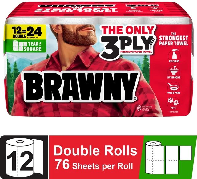 Main image of Brawny Tear-A-Square 3-Ply Paper Towels, 12 Double Rolls, 76 Sheets per Roll