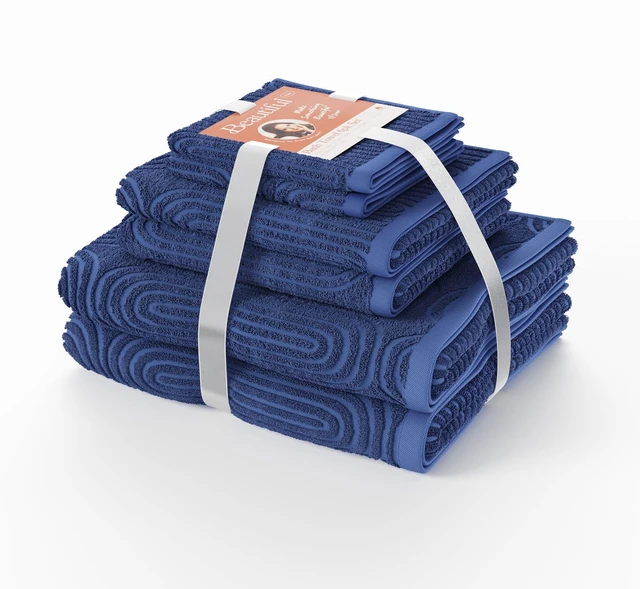 Main image of 6-Piece Textured Bath Set by Beautiful by Drew Barrymore, 100% Cotton, Smokey Blue
