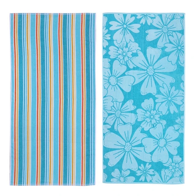 Alt view image 3 of 7 - Mainstays 2-Pack Beach Towels 58inx28in Green Flower & Stripes