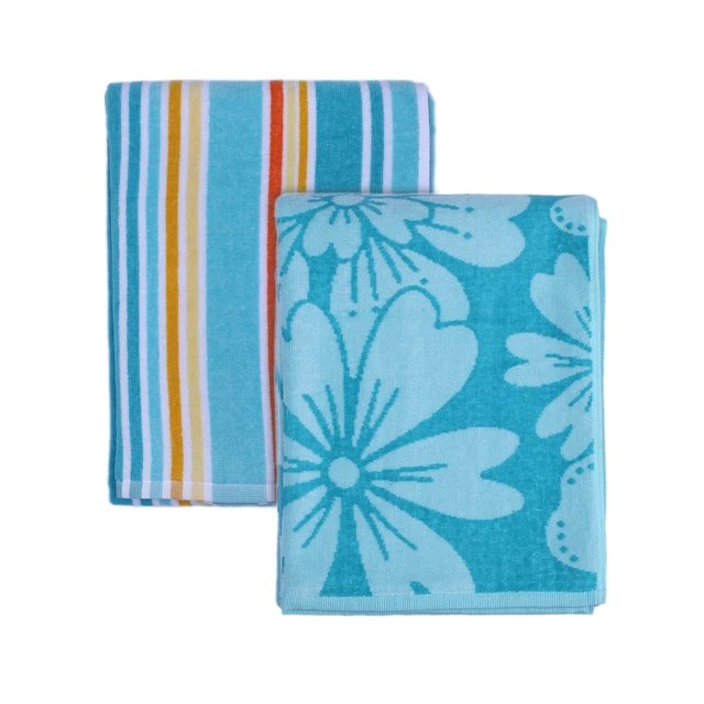 Alt view image 2 of 7 - Mainstays 2-Pack Beach Towels 58inx28in Green Flower & Stripes