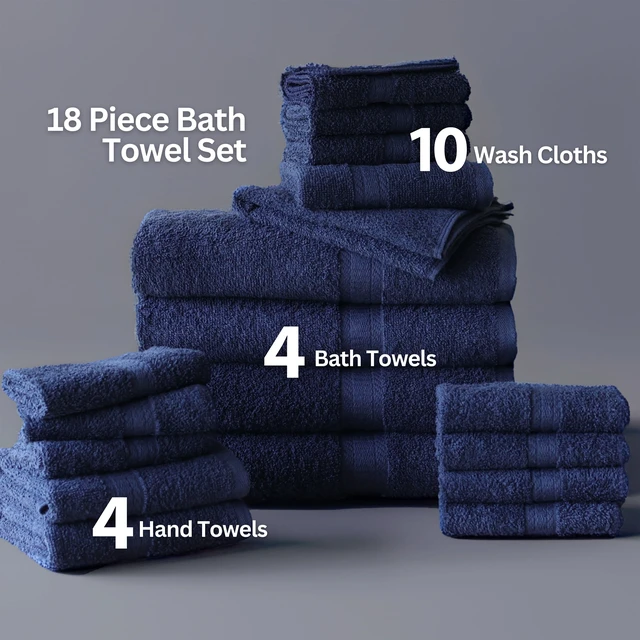 Alt view image 5 of 6 - Mainstays 18-Piece 100% Cotton Towel Set, Navy - 4 Bath Towels, 4 Hand Towels, 10 Washcloths