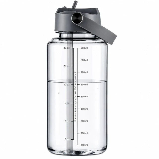 Main image of OLDLEY 32oz Tritan Clear Reusable Sports Water Bottle, with Straw, Leakproof, BPA-Free, Wide Mouth, Marked, Carry Handle, for Gym Hiking Camping Travel Workout, Grey