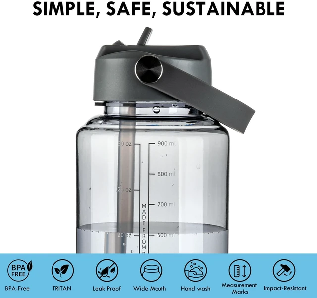 Alt view image 3 of 6 - OLDLEY 32oz Tritan Clear Reusable Sports Water Bottle, with Straw, Leakproof, BPA-Free, Wide Mouth, Marked, Carry Handle, for Gym Hiking Camping Travel Workout, Grey