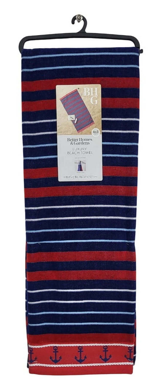 Alt view image 5 of 6 - Better Homes & Gardens Coastal Clarence Striped Navy & Red Cotton-Blend Beach Towel